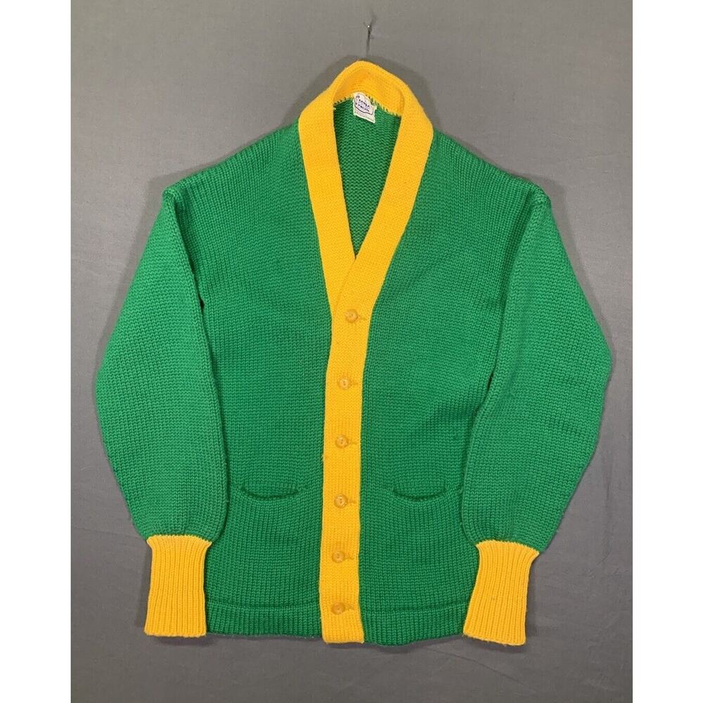 Vintage Yearite Cardigan 1960s Button Sweater Bunny Knit Sportswear Green Yellow